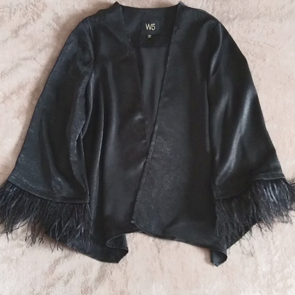 Silky black jacket with long sleeves and feathers.S small.Brand new.